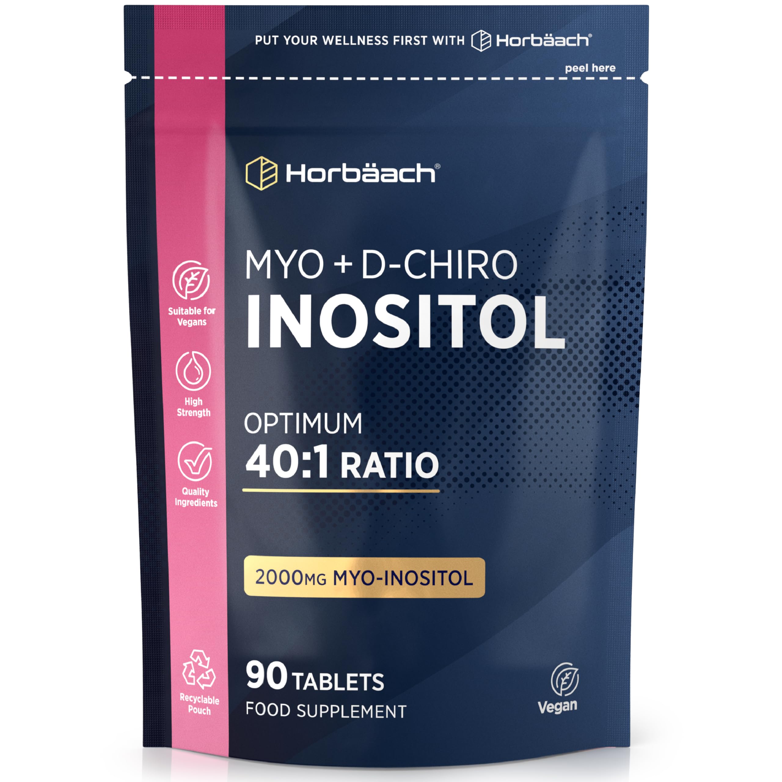 Myo Inositol and D Chiro Inositol | 90 Vegan Tablets | High Strength 2000mg Myo-Inositol | Optimum 40:1 Ratio | Letter-Box Friendly Packaging | by Horbaach
