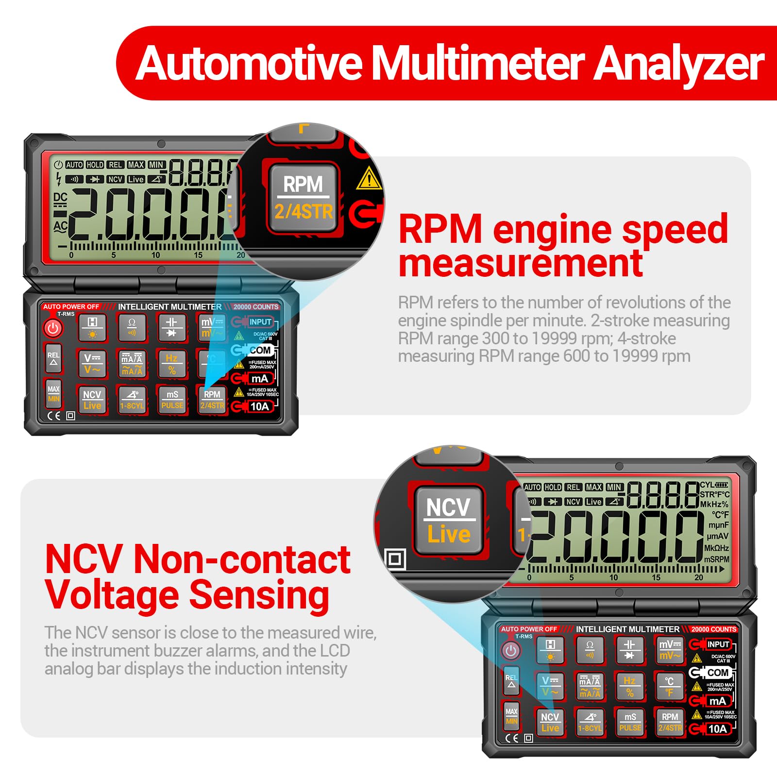 ANENG Multimeter,20.000 Counts Digitaler Kabelloser Kfz-Motoranalysator mit 300-19.999 U/Min Drehzahlmesser,AC/DC Strom,Spannung,Ohm,Hochklappbarem LCD-Display,Data-Hold-Tester für die Kfz-Diagnose