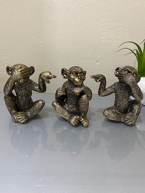 Stunning Three Wise Brass Monkeys Ornaments Statue Set (3-Piece) See Hear Speak No Evil Figurine - Antique Bronze Gold Resin Sculpture for Home Décor