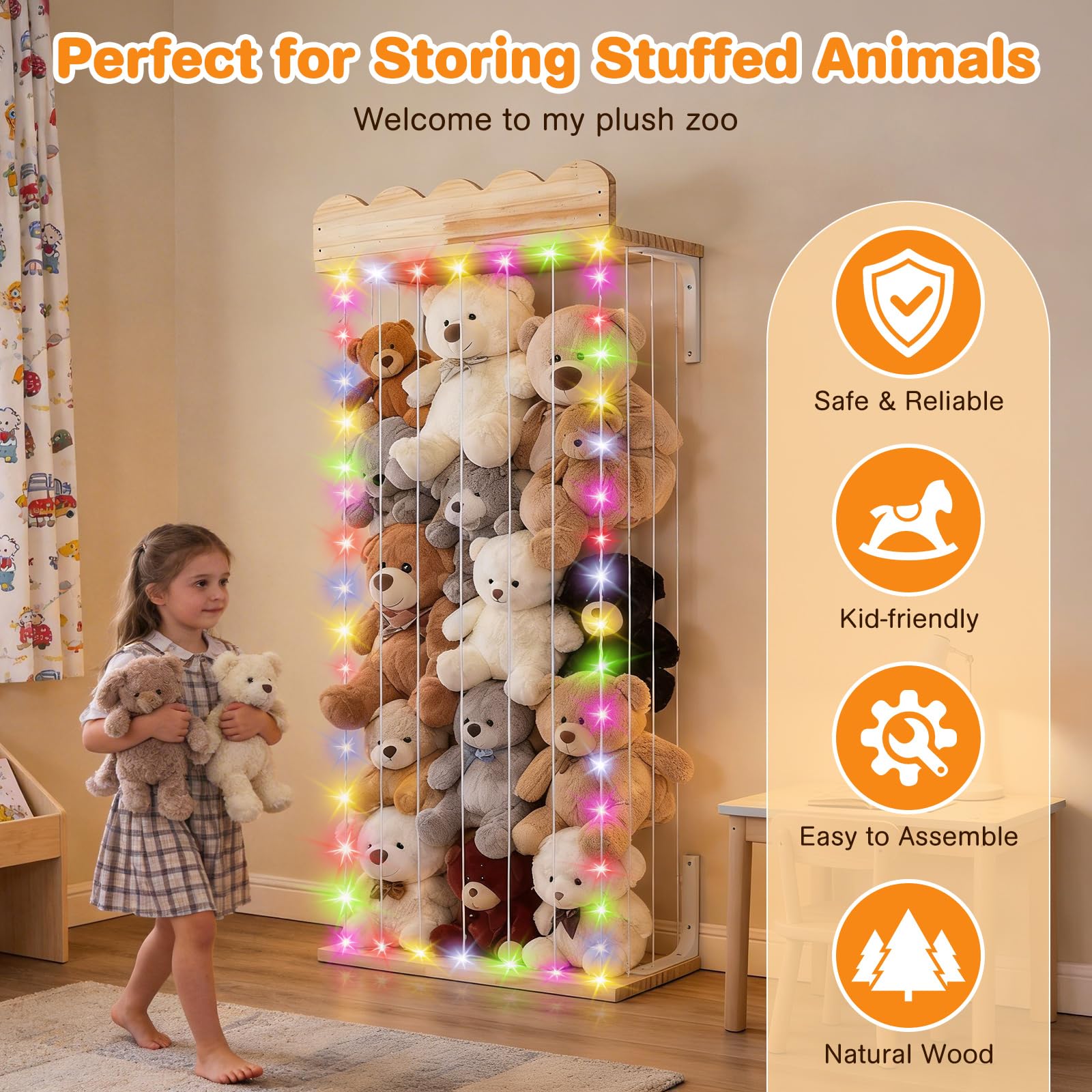 Rangement Peluche de Enfant, Mural Suspendu Range Peluche en Bois Gain de Place, 183 * 43 * 20CM Rangement Jouet Enfant pour Salle de Jeux, Chambre d'enfant, Chambre à Coucher,Hauteur Ajustable