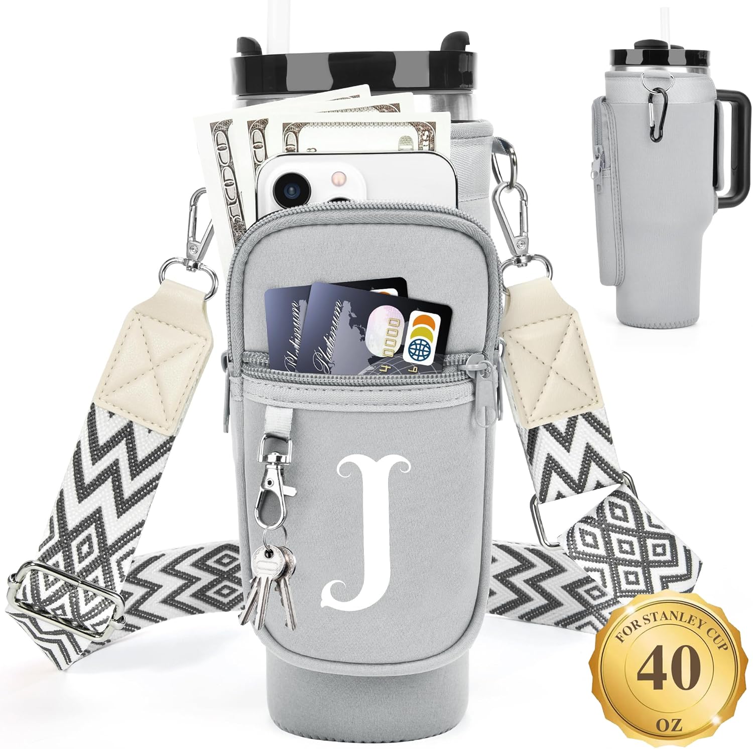 LOKASS Personalized Water Bottle Holder with Strap for Stanley Cup Accessories 40 oz Tumbler, Initial Water Bottle Carrier Bag/Phone Pocket, Mother's Day/Birthday Gifts for Women/Girls