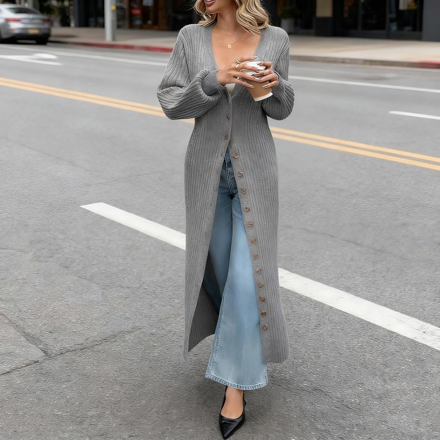 HGps8w Maxi Cardigans for Women Elegant Button Down Sweaters Outerwear Long Dressy Casual Knitted Coat