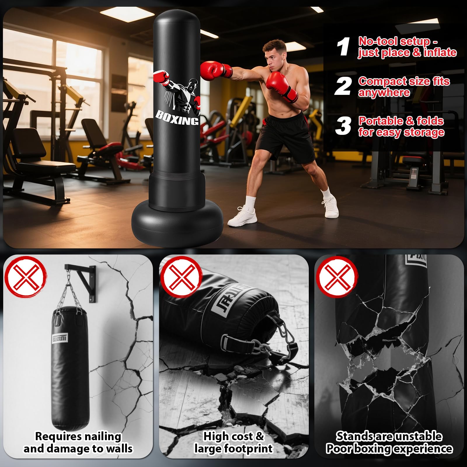 Ninonly Saco de Boxeo para Adultos 190cm Saco de Boxeo Inflable Pesado con Guantes de Boxeo, Bomba y Pelota de Reflejos,Base Grande Mejorado para Hombres y Mujeres,Entrenamiento MMA Muay Thai Fitness