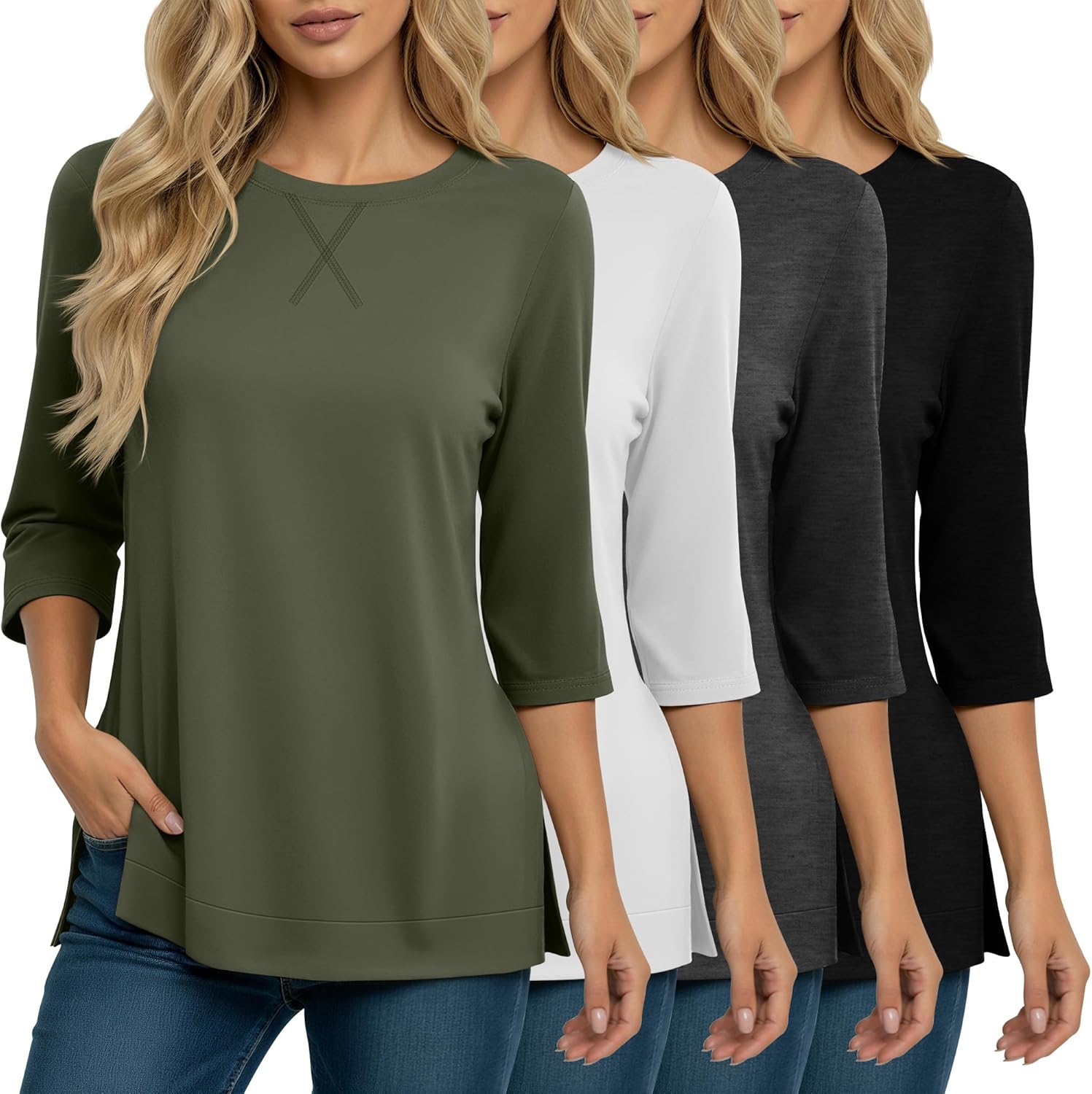 4 Pack 3/4 Sleeve Tunic Tops for Women Side Slit T Shirts Round Neck Loose Fit Casual Basic Tunics Wear with Leggings