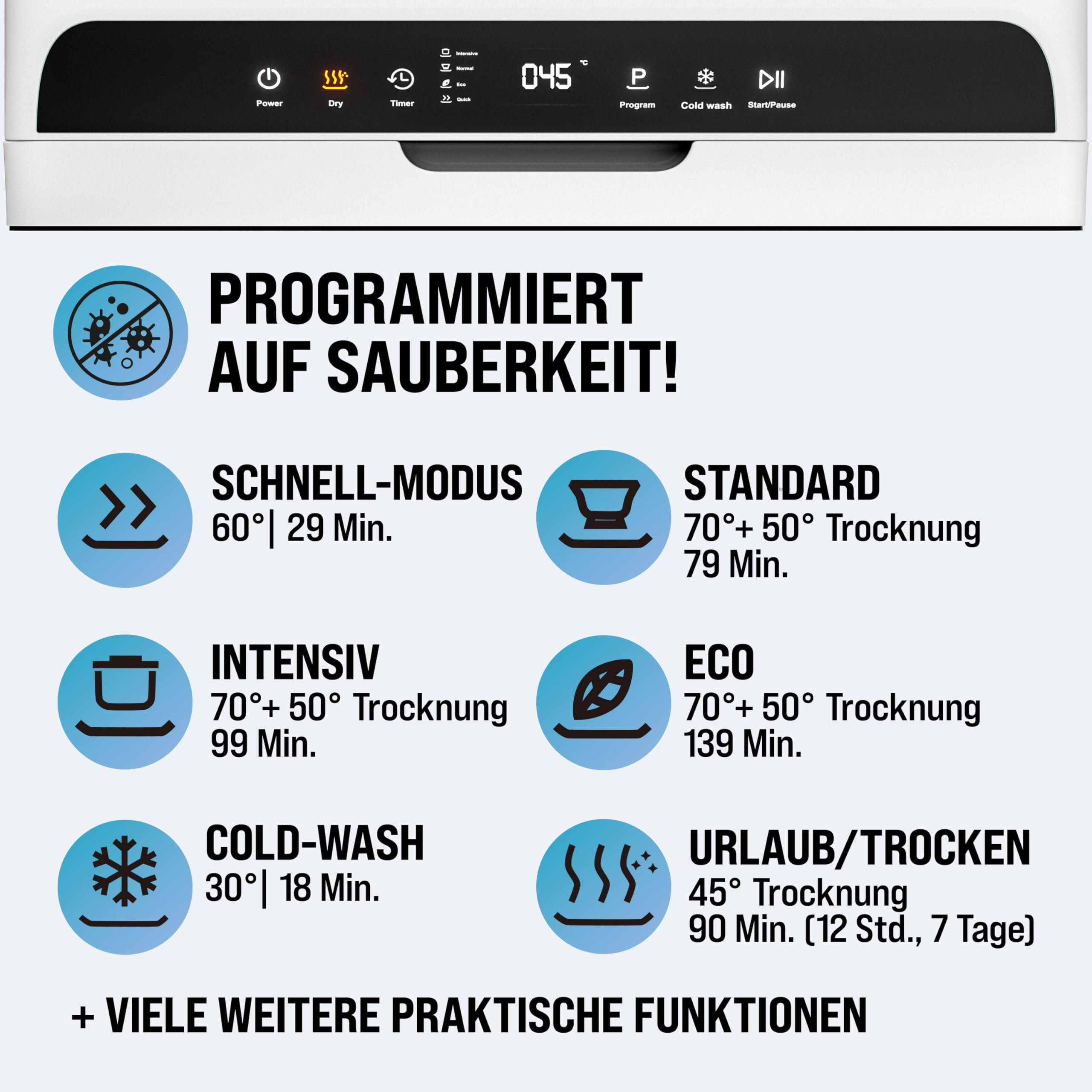 MONZANA Tischspülmaschine Mini Geschirrspüler 45cm 4,5L 6 Programme 4 Gedecke Weiß App Funktion