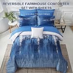 Ombre Blue Comforter Set King Size Reversible Gradient Blue Grey Boho Bedding Set for Men Women 8 Pieces Bed in A Bag Bohemian Bed Set with Comforter, Sheets, Pillowcases & Shams