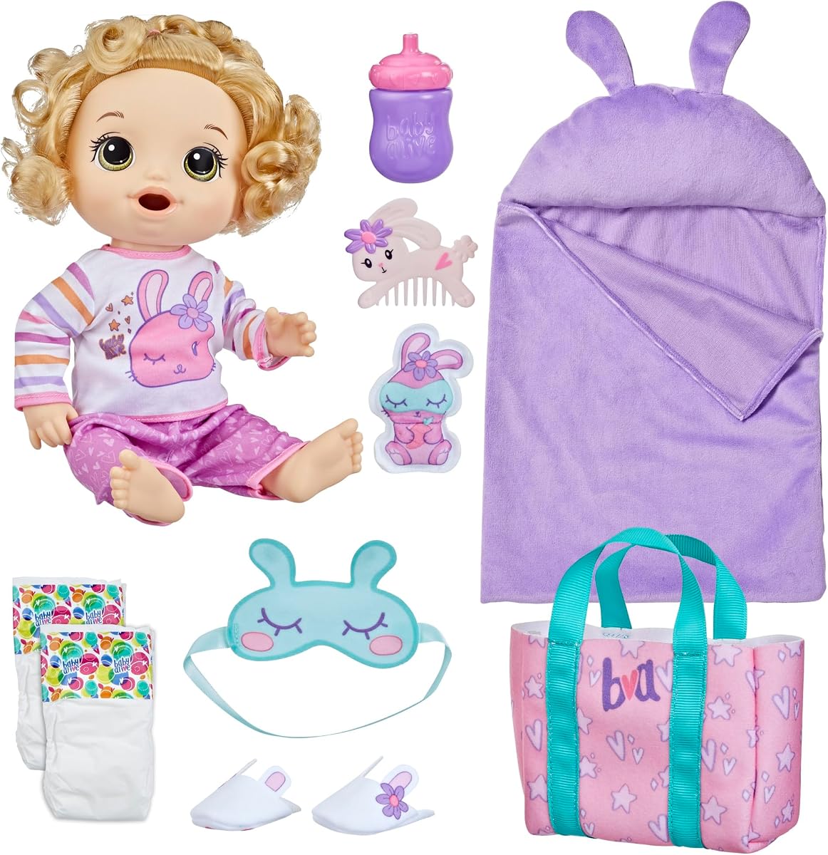 Muñeca bebé Bunny Sleepover, muñecas de 12 pulgadas con temática para dormir, saco de dormir y accesorios para muñecas con temática de conejito, juguetes para niñas y niños de 3 años en adelante, cabello rubio (exclusivo de Amazon)