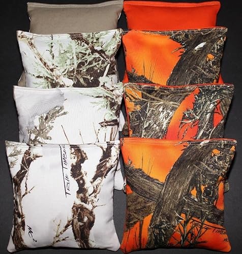 BackYardGamesUSA Bolsas de Cornhole para todo tipo de clima, relleno de resina, naranja y blanco, madera, camuflaje, caza, pesca