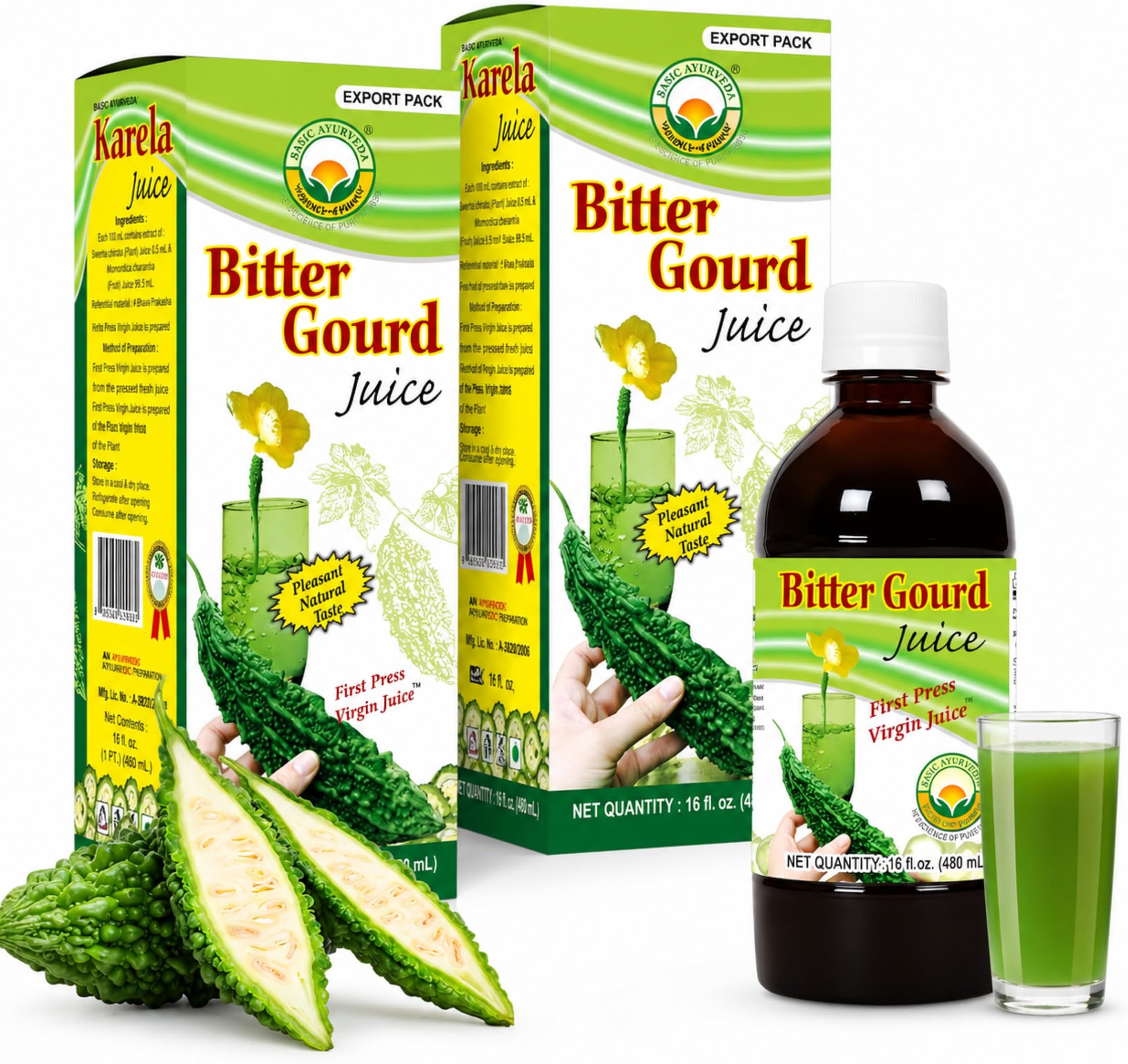 Basic Ayurveda Bitter Gourd (Karela) Juice (Pack of 2) | 16.23 Fl Oz (480ml) | Natural Bitter Melon Juice | Plant Based Ayurvedic Herbal Drink | for Liver Health, Digestion & Immunity