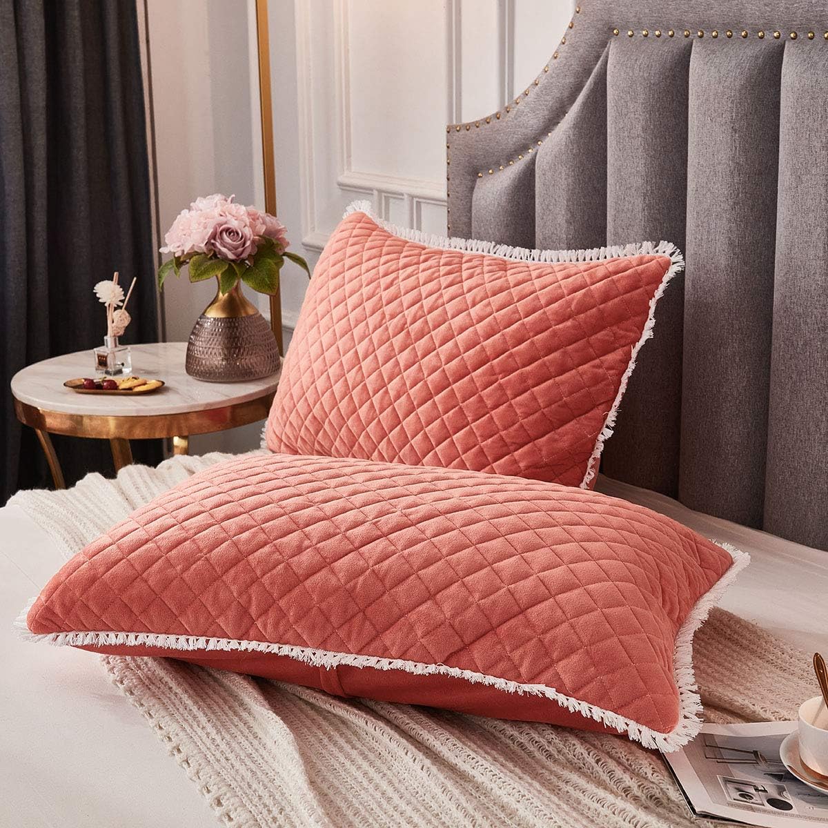JAUXIO Diamond Quilted Velvet Pillowcases 2 Pack Tassels Decorative Fringe Cozy Warm Zipper Closure (Coral Orange, King)