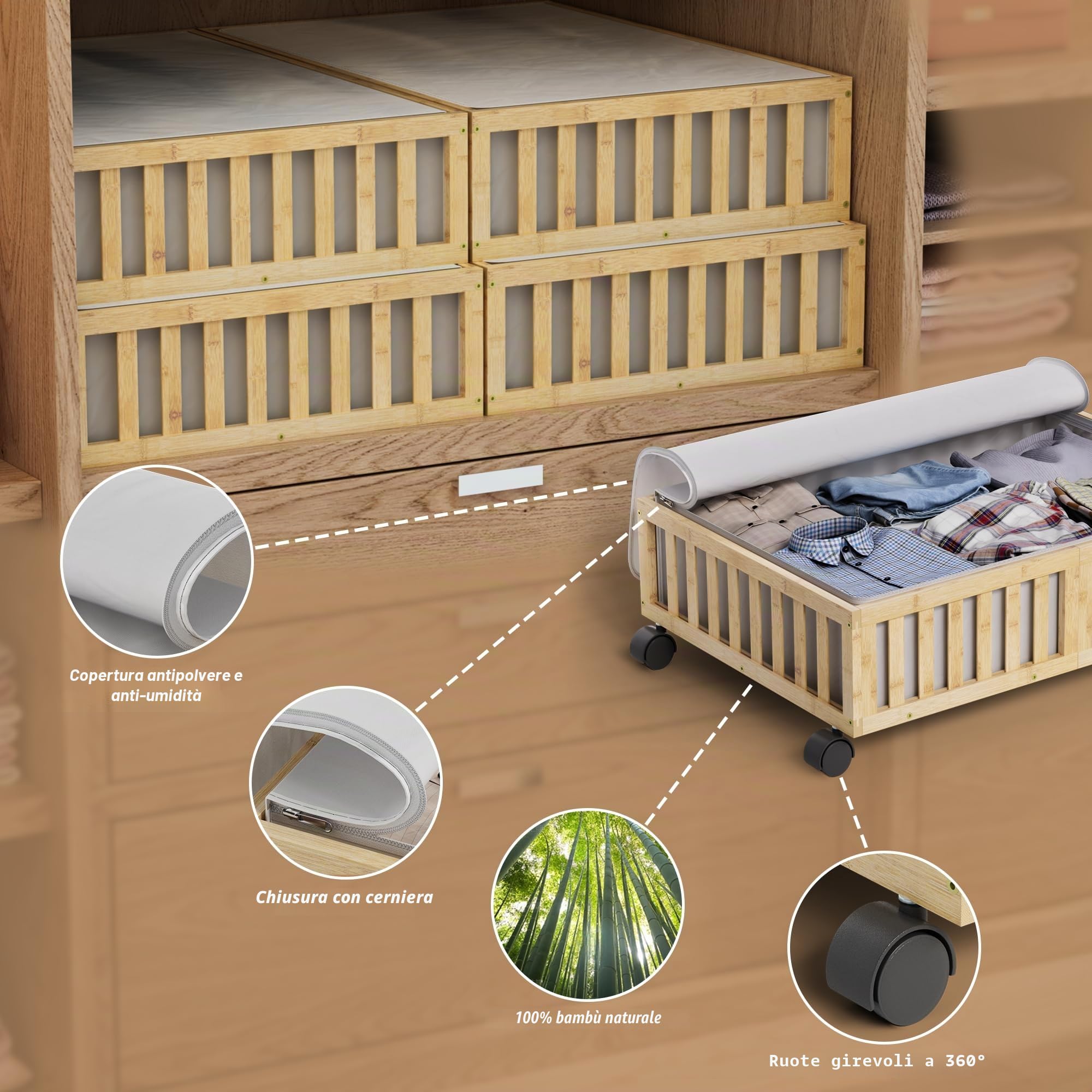 Contenitori in bambù sotto il letto con ruote, confezione da 2 contenitori per scarpe sotto il letto, cassetti in legno con organizer per borse, per camera da letto, lenzuola, vestiti, coperte