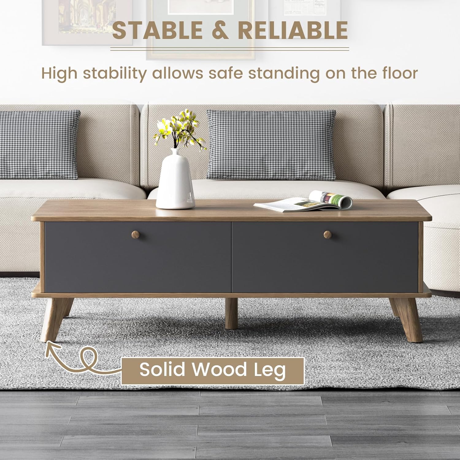 Guyii Coffee Table with Storage Drawer, Mid Century Modern Tea Table, Space Saving Center Table, Rectangular Office Desk for Living Room, Home Office, Easy to Assemble