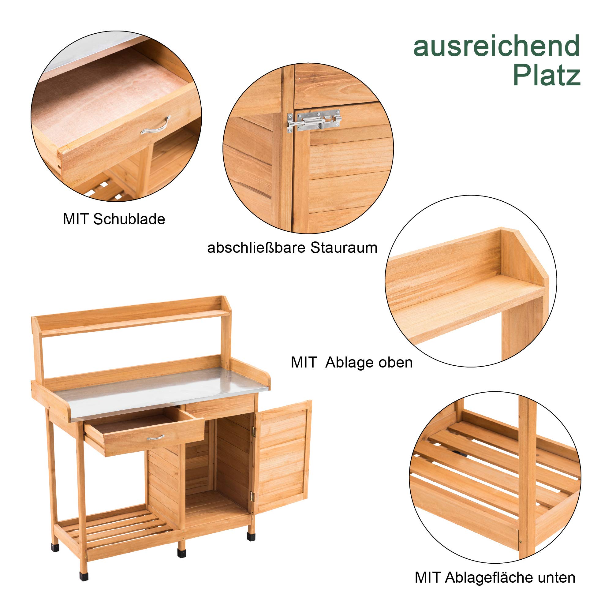 M MCombo Tavolo Giardinaggio Cassetto, Ripiano, Piano Zincato & Armadio, Tavolo Giardiniere Impermeabile 3 Ganci, Tavolo Piante Legno Massello Giardino/Balcone/Terrazza, 0440 (Naturale)
