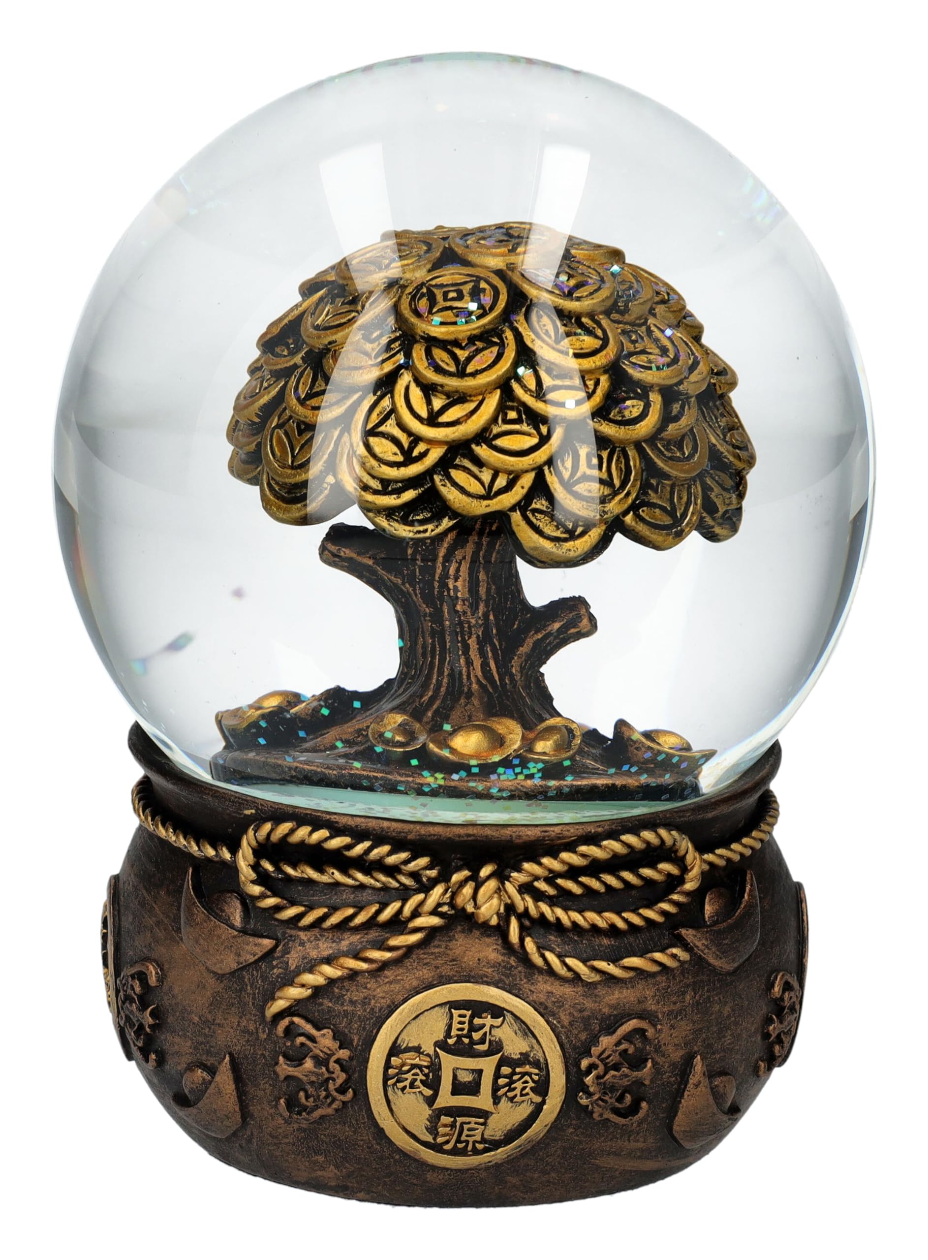 Glücksbringende Geldbaum Schneekugel, Feng Shui, 13,5 cm - Bronzefarben, Chinesische Münzen, Glücksbringer Figur