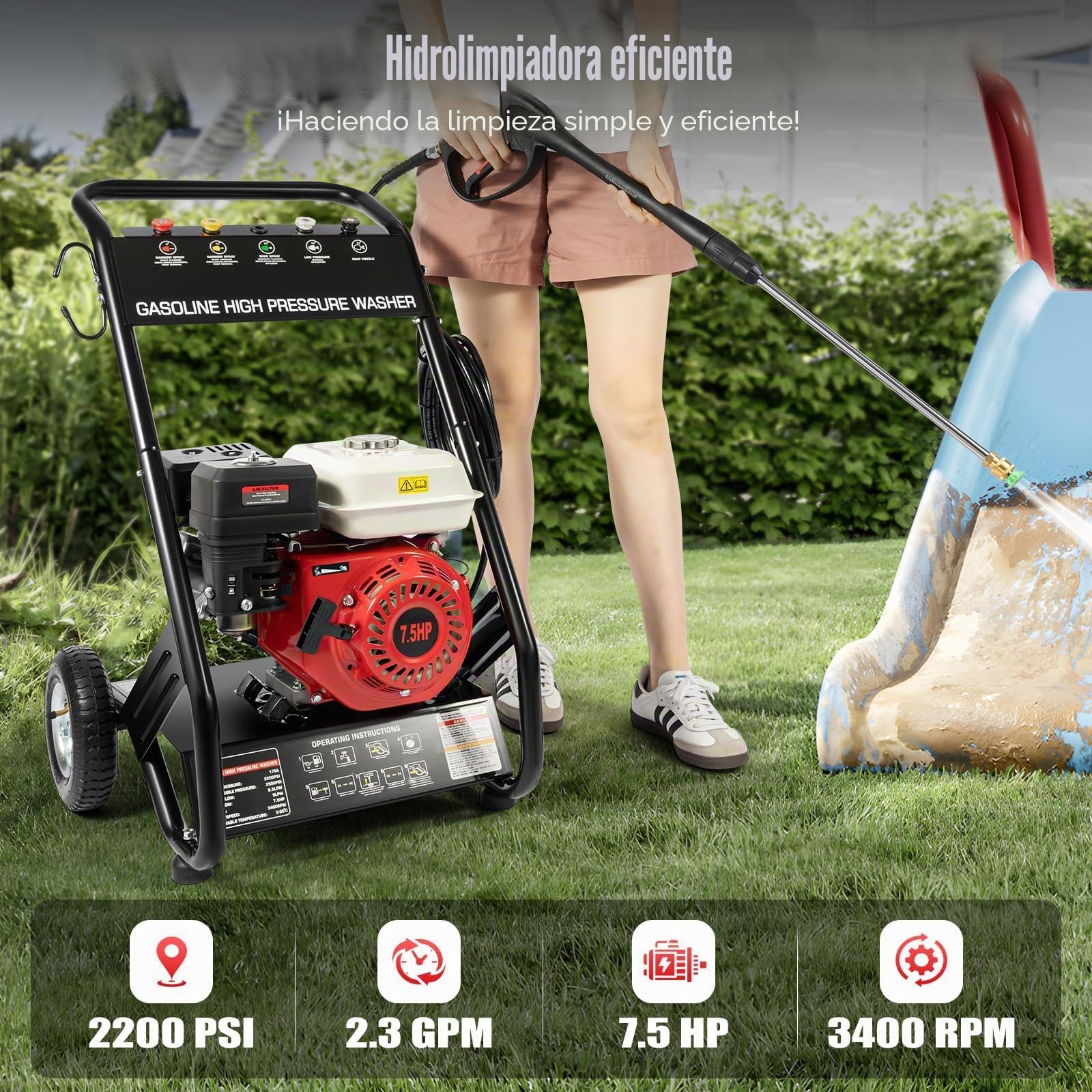 7.5HP Gasolina Hidrolimpiadora de 4 Tiempos, monocilindro, refrigeración por Aire, Gasolina para casa y Coches, Suciedad Ligera en Bicicletas, Vallas de jardín, Motocicletas, con Pistola de