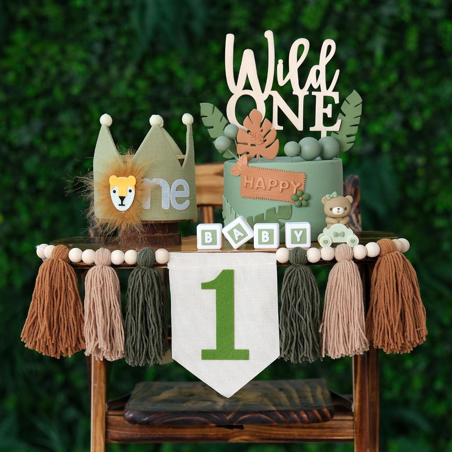 Wild One 1st Highchair Banner Wood Bead Tassel Garland Lion Crown Hat Wooden Cake Topper Birthday Party Decorations - Image 2
