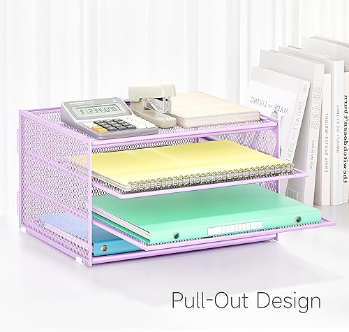 Miniatura 3 de Lavatino Organizador de escritorio de 3 niveles con bandeja de cartas, organizador de archivos de papel de metal de malla morada para escritorio,