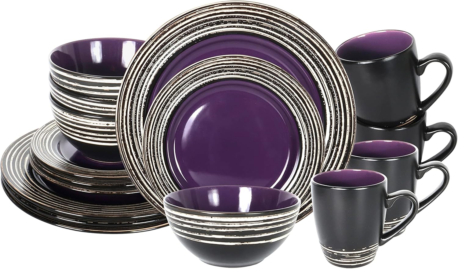 16 Piece Dinnerware Set, Ceramic Plates and Bowls Sets for 4, Microwave and Dishwasher Safe, Handcrafted Tree Bark Series Dish Set, Lavender/Purple