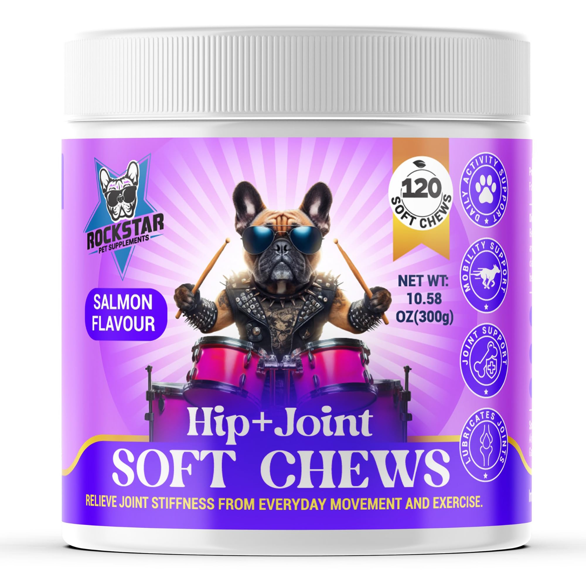 Rockstar Pet Supplements Hip+Joint Soft Chews for Dogs, Salmon