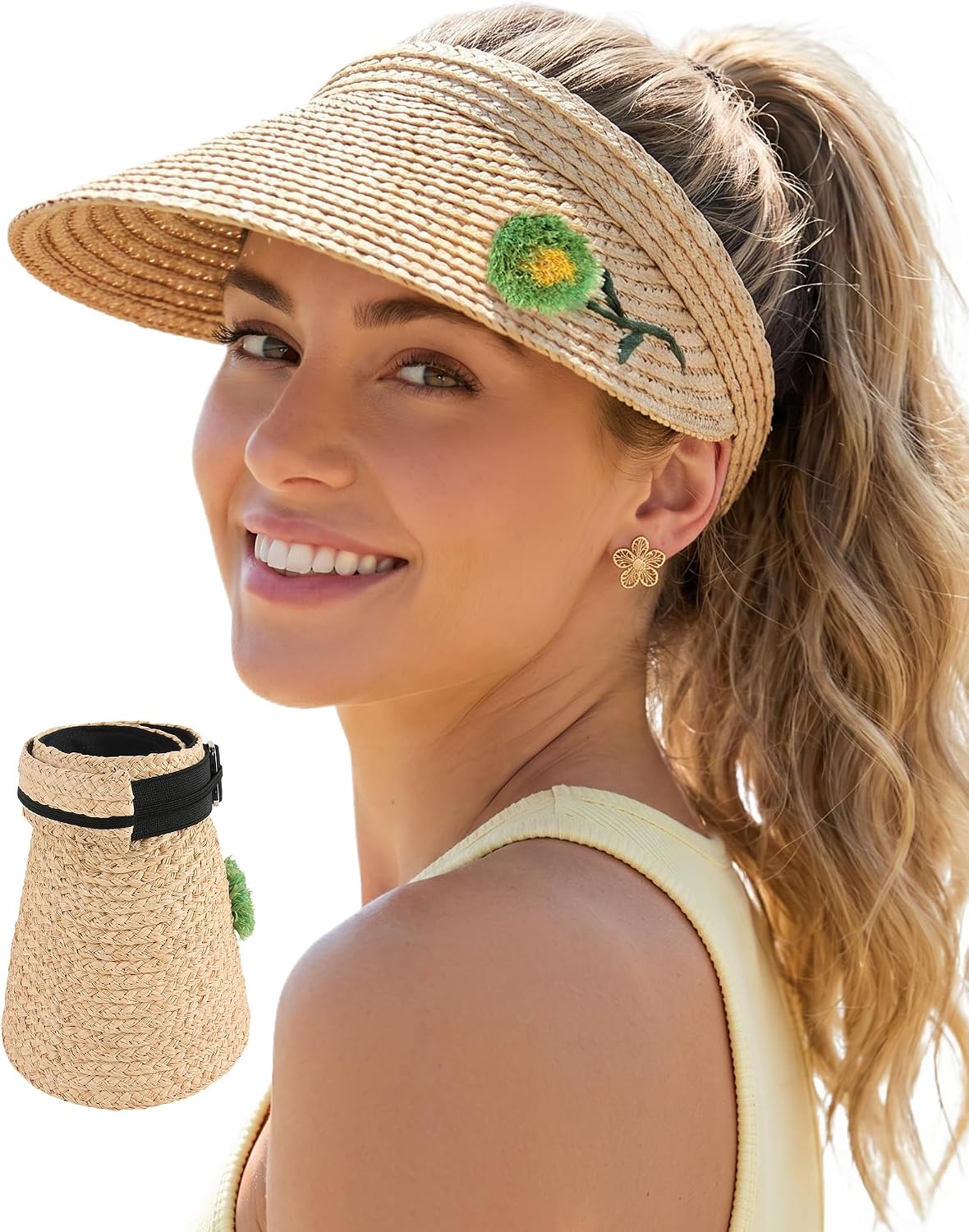 Women's 100% Raffia Straw Sun Visor Lightweight Portable UPF50+ Wide Brim Straw Hat Adjustable Floral Empty Top Beach Cap