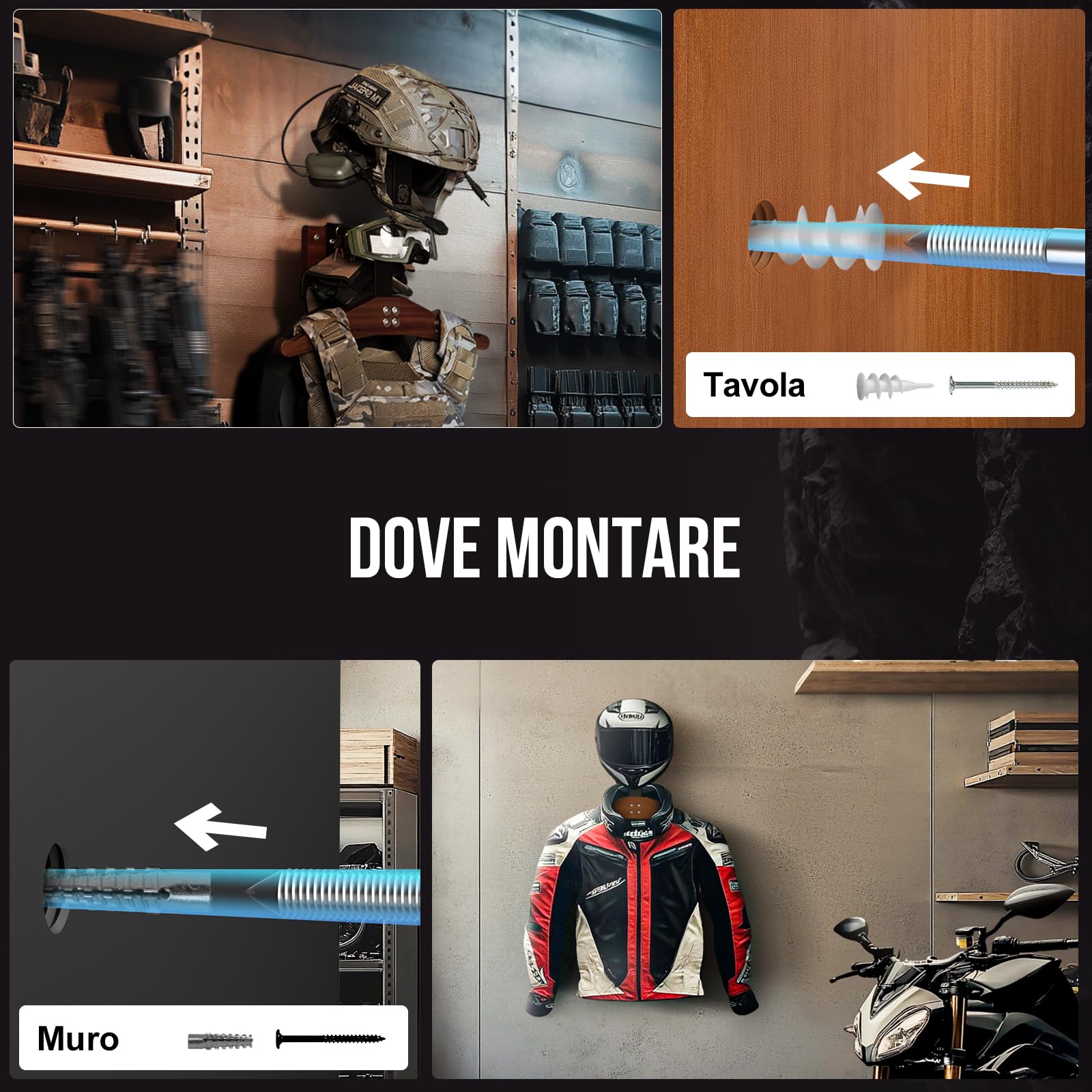OneTigris Porta Casco Moto Ver. 2.0 – Supporto Casco da Muro 80 kg Carico, con Doppio Gancio & Porta Occhiali, Regolabile, per Caschi Moto, Gilet Airsoft, Abbigliamento Moto