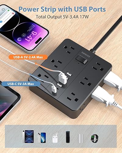 Miniatura 5 de Regleta de alimentación plana con 12 tomas, 6 USB (2 USB C), estación de carga SMNICE con protección contra sobrecarga, cable de extensión de 5 pies