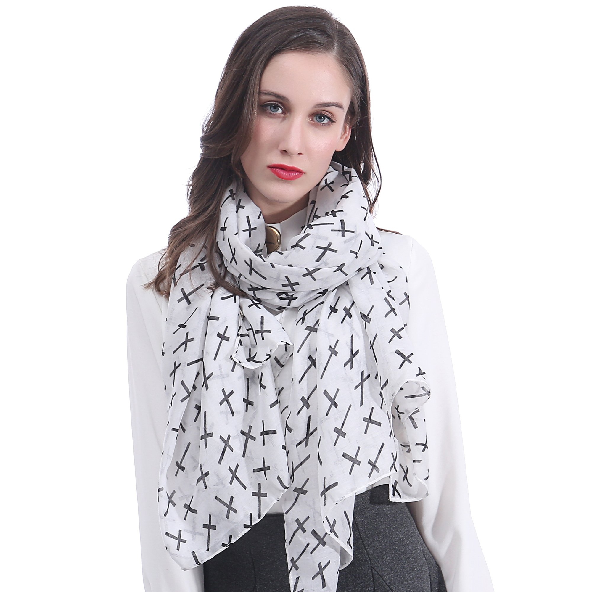 Lina & Lily Women's White Cross Print Scarf Shawl Wrap Lightweight (White)