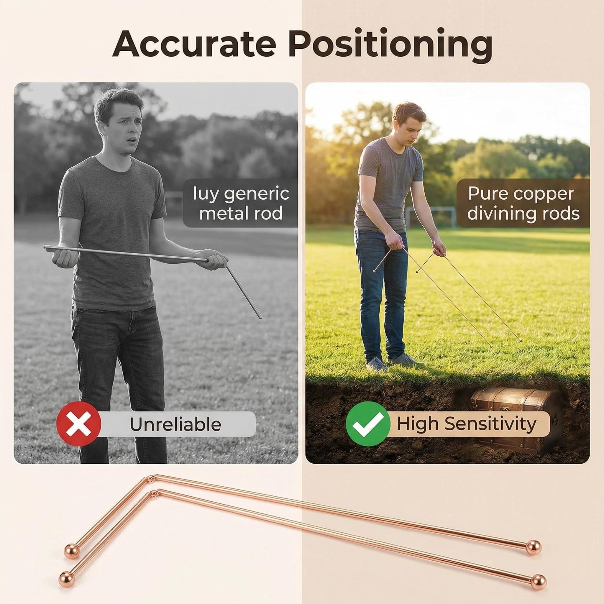 2PCS Baguette Sourcier Cuivre Pur 99,9%, Baguette Divinatoire pour Recherche d’Eau, Chasse au Trésor et Localisation d’Objets Enfouis, Outil de Géomancie Haute Qualité