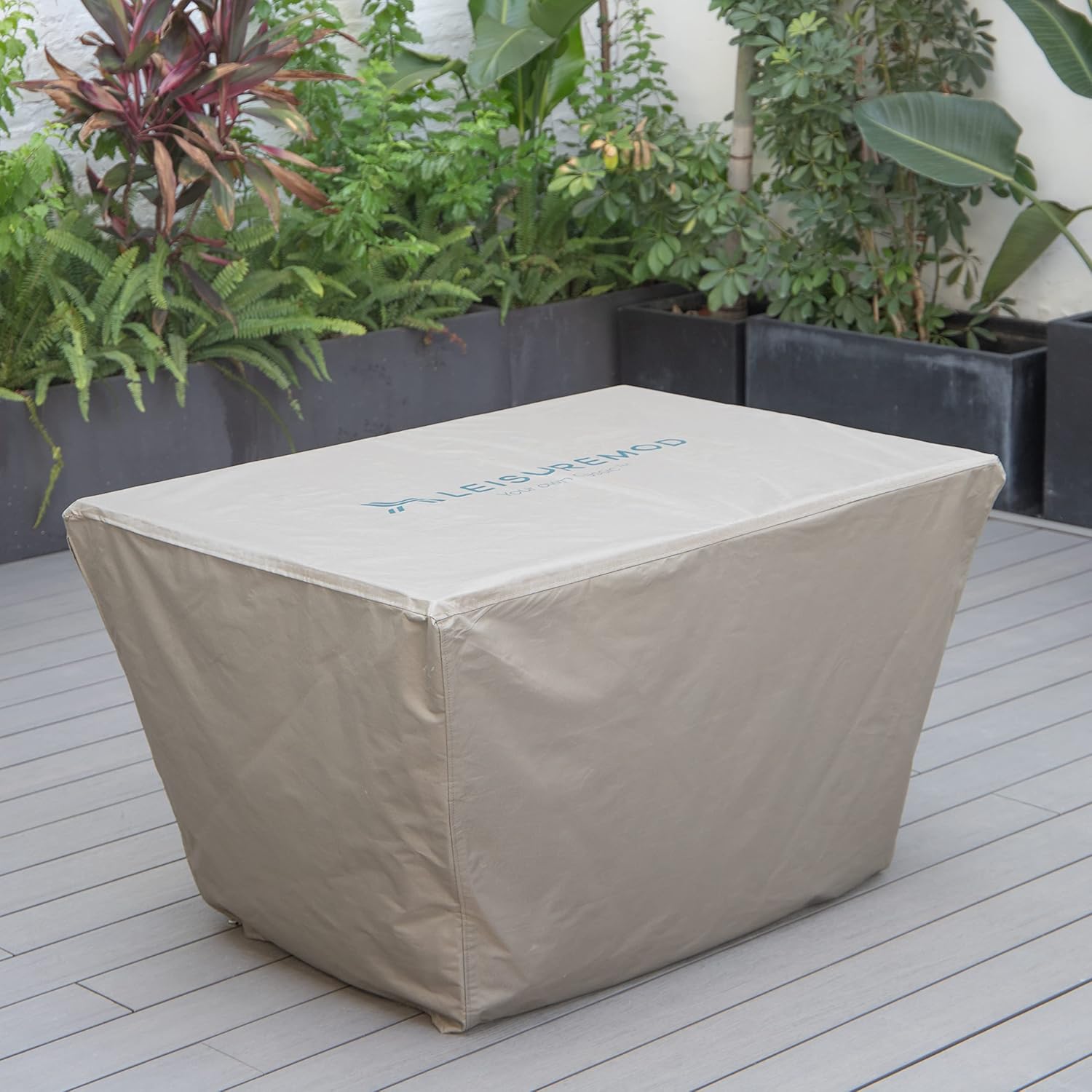 LeisureMod Modern Outdoor Home Decorative Furniture Protection Chelsea Waterproof Fabric Rectangle Fire Pit Table Cover