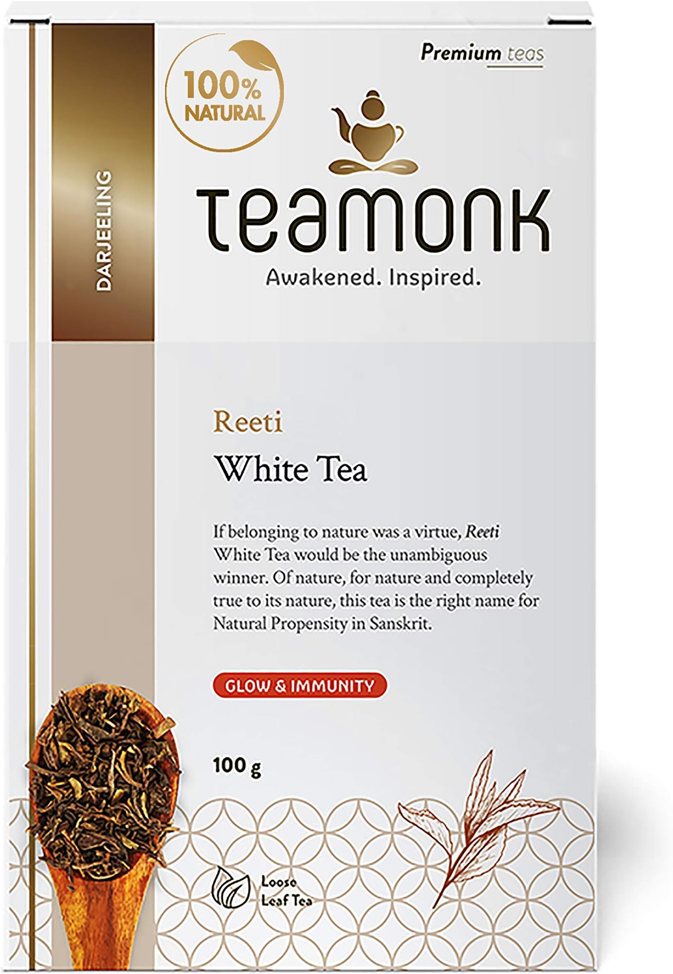 Teamonk Reeti USDA Certified Organic Darjeeling White Tea Leaves Box - 100gm Tea Pack (Makes 50 Cup). Rich in Antioxidants, Promotes Glowing Skin and Best as Immunity Booster