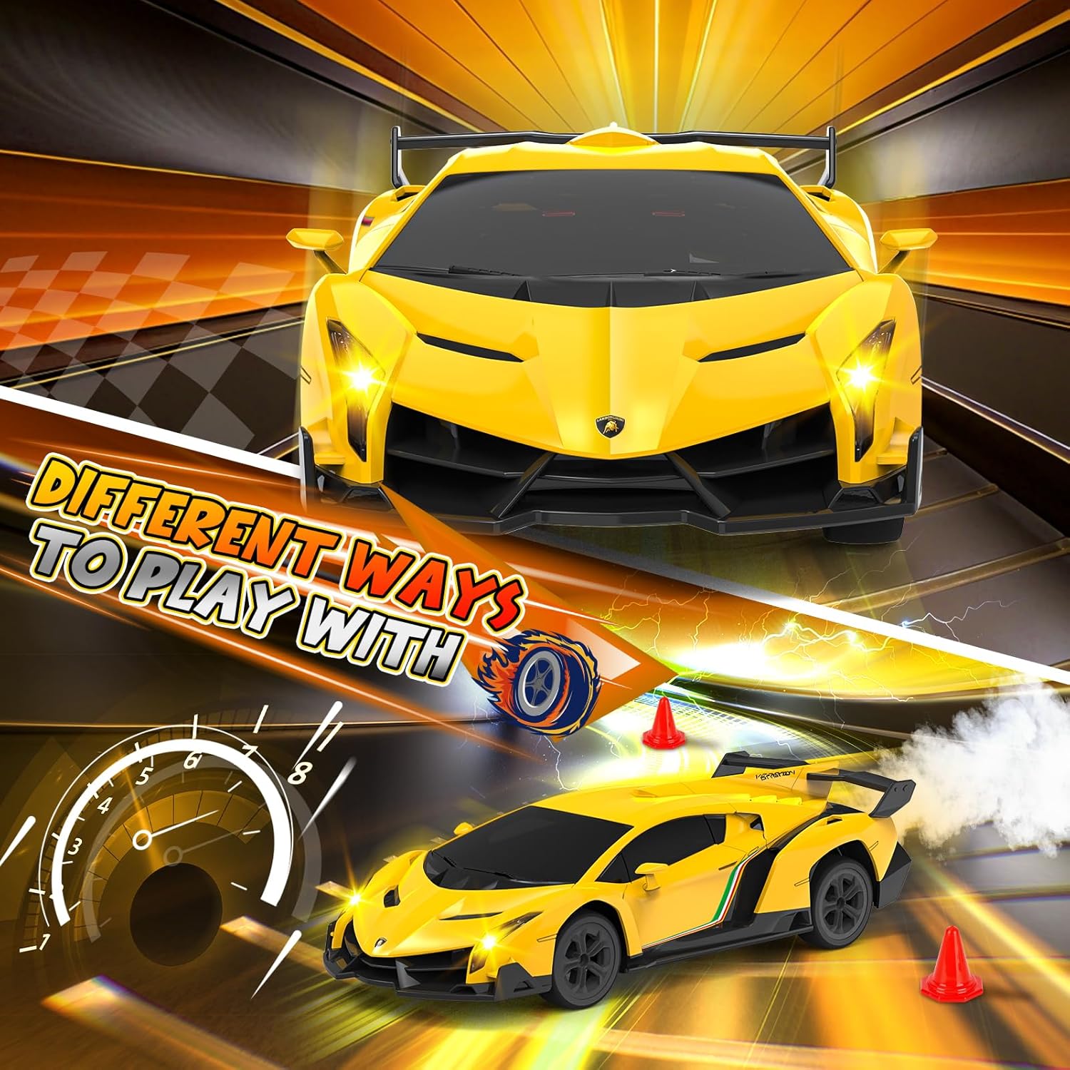 Lamborghini Remote Control Car, Officially Licensed 1:24 Scale 2.4GHz RC Drift Car Toys with Headlight PCS, Lambo Hobby Rc Cars for Boy Girl 4-12 Years Old, Birthday Gift (Yellow