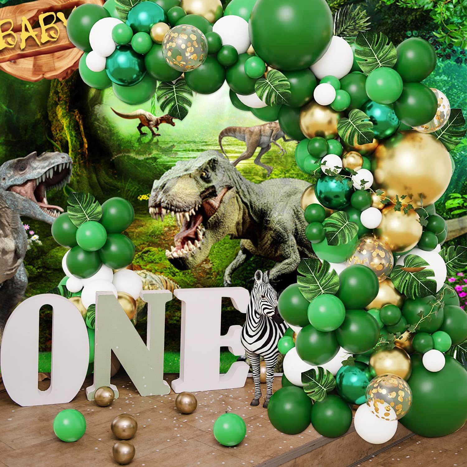 Jungle Party Balloons Garland Arch Kit Green Gold Balloon Arch Safari Tropical Theme Dinosaur Party Decorations with Palm Leaves for Animal Wild One Birthday Party Baby Shower Supplies Green Gold 1