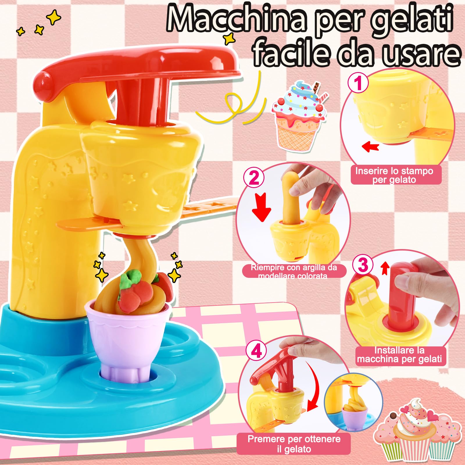 VBACALA Set Plastilina per Bambini 4 in 1-73 Pezzi,Kit Creativo con Accessori per Modellare Gelatiera, Hamburger, Torta e 24 Lattine di Argilla, Feste e Compleanni per Bambini 3+ Anni
