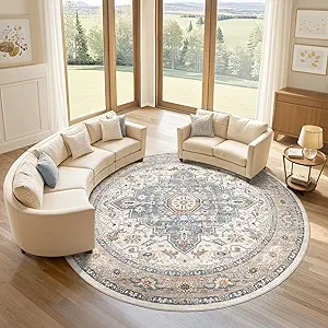 Round Rug Living Room Rugs: 10Ft Washable Boho Neutral Large Circle Soft Indoor Distressed Stain Resistant Floor Farmhouse Carpet for Bedroom Nursery Kids Playroom Office Dining Room Dorm- Beige Blue