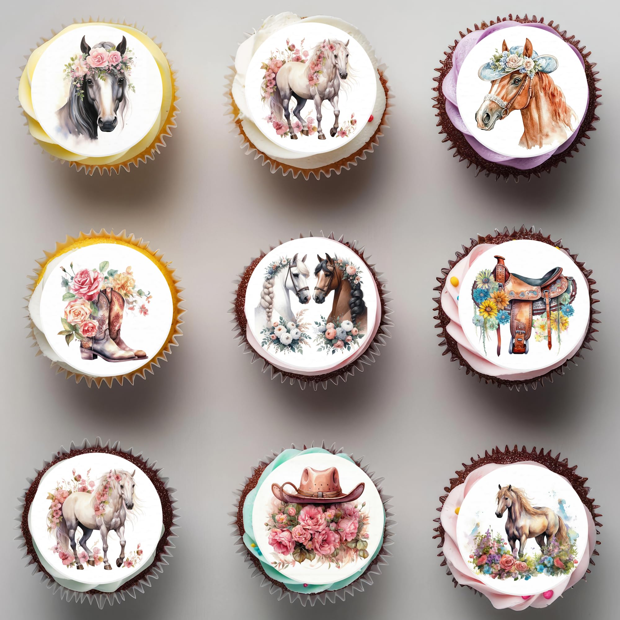Fyeoxle 36PCS Edible Floral Horse Cupcake Toppers Wafer Paper Western Cowgirl Cupcake Toppers Edible Derby Horse Cupcake Picks for Western Derby Horse