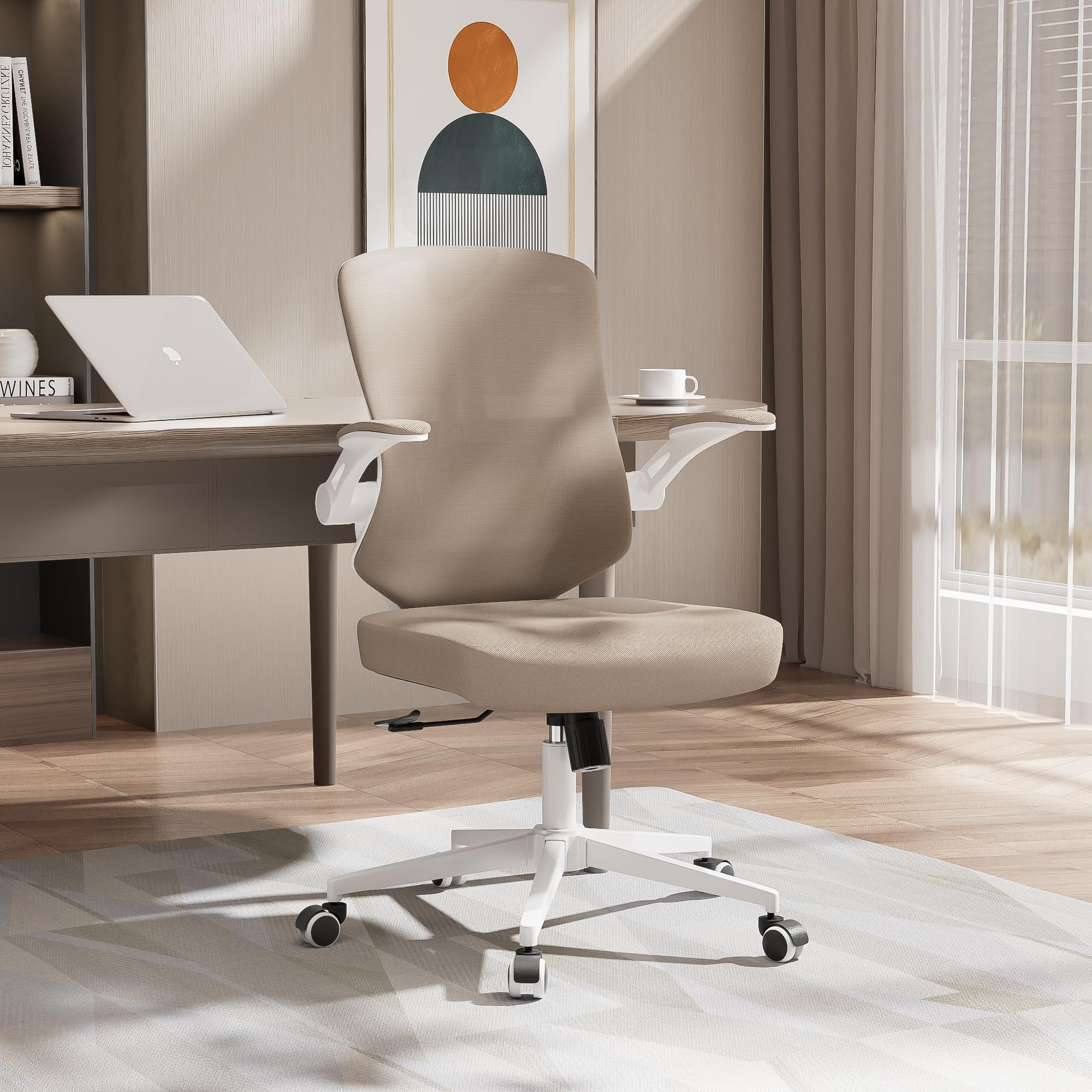 balmstar Office Chair, Ergonomic High Back Comfy Desk Chairs and Flip-up Armrest Lumbar, Swivel Tilt Function Backrest Computer Chair,PU Rolling Wheels Capacity 350LBS (Khaki)