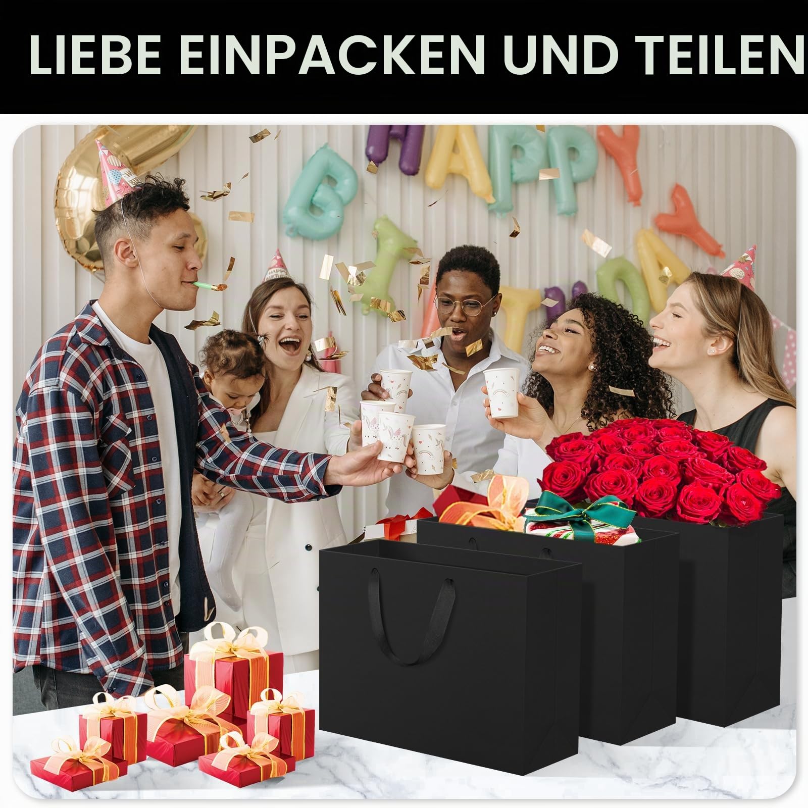 EUSOAR Geschenktüte Schwarze Gross - 250gsm Papiertüten mit Henkel Extra Groß - 20 stück XL 40x30x15cm Kraftpapier Schwarz Papier Tüten Set - Quadrat Geschenk Tüte Papiertragetasche Einkaufstüten