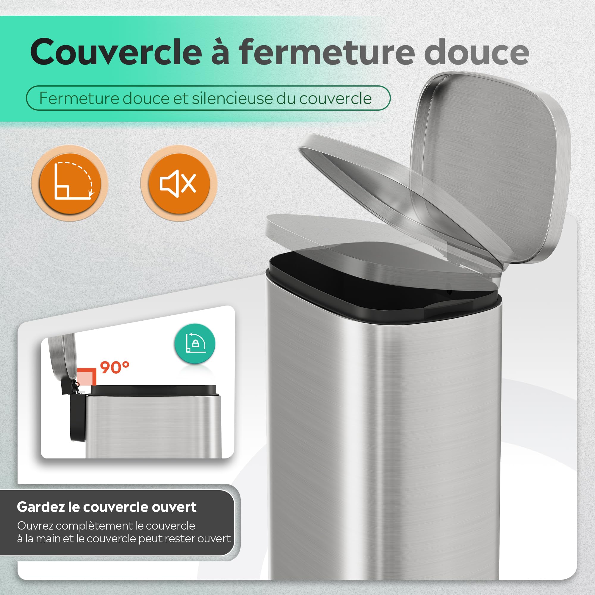 WLIVE Poubelle de Cuisine 50L en Acier Inoxydable, avec Couvercle à Fermeture Douce et Seau Intérieur Amovible, Pédale Mains Libres pour Maison, Buanderie, Bureau, Argent