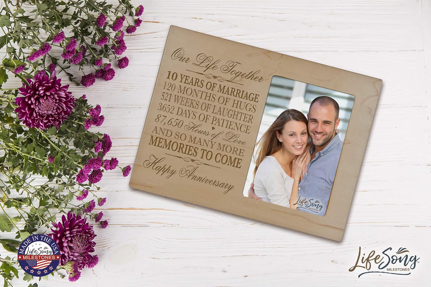 LifeSong Milestones Ten Year her him Couple Custom Engraved 10th Year Wedding Celebration for Husband Wife Girlfriend Boyfriend Frame Holds 4x6 Photo (Maple)