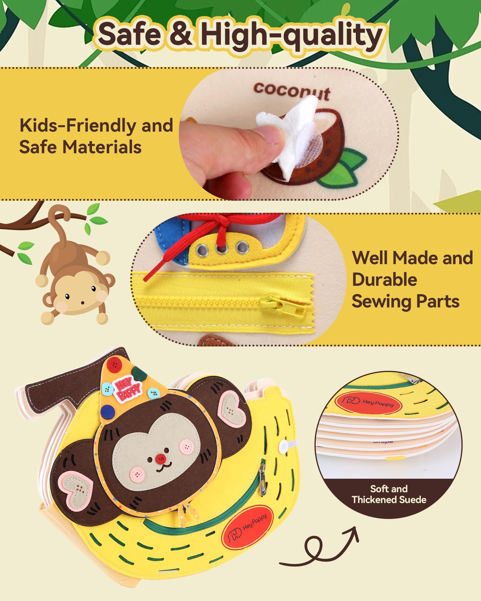 Heypappy Busy Board,12 in 1 Montessori Busy Board Feltro,Montessori Didattici Libro Sensoriale Educativo, Giocattolo per Abilità Motorie con Cintura Zaino Regalo Bambino Compleanno Natale