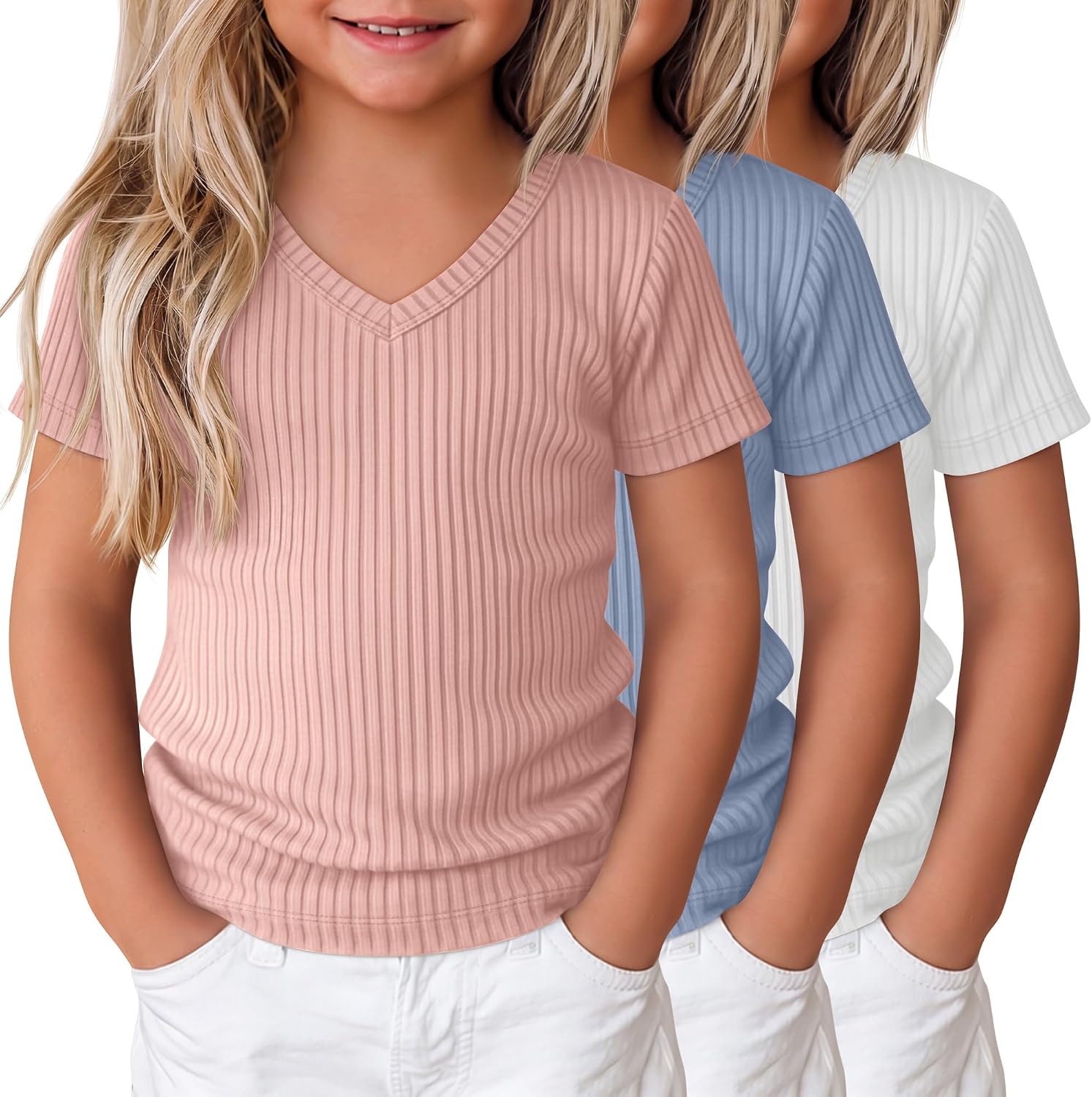 3 Pack Toddler Girls Shirts Cotton 18m-5t Baby Summer Clothes Short Sleeve Ribbed Knit V Neck Fashion Soft Tops