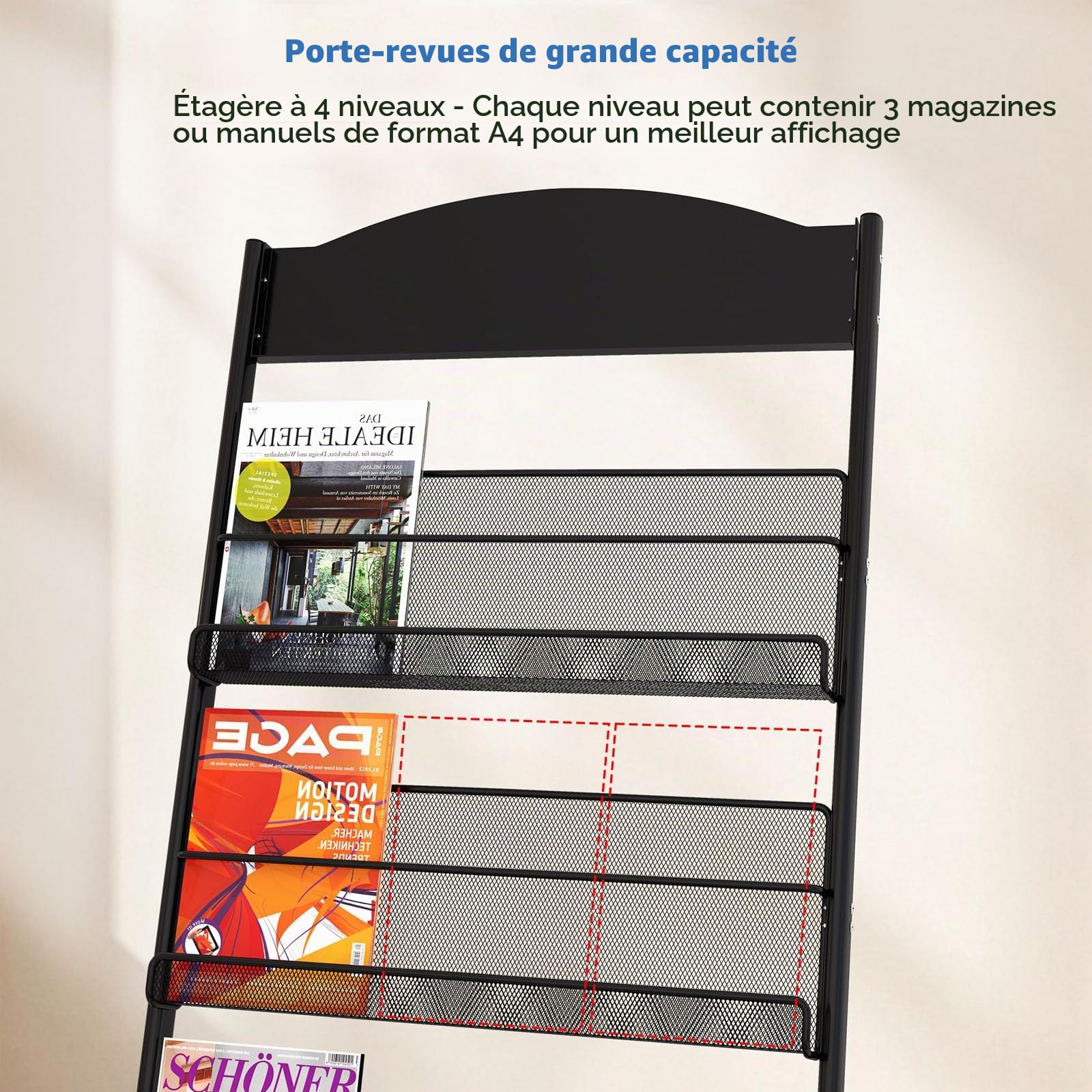Présentoir à prospectus à 4 niveaux, sur pied, à roulettes | Porte-revues A4 en métal - Avec 4 roulettes - Pour les lieux publics