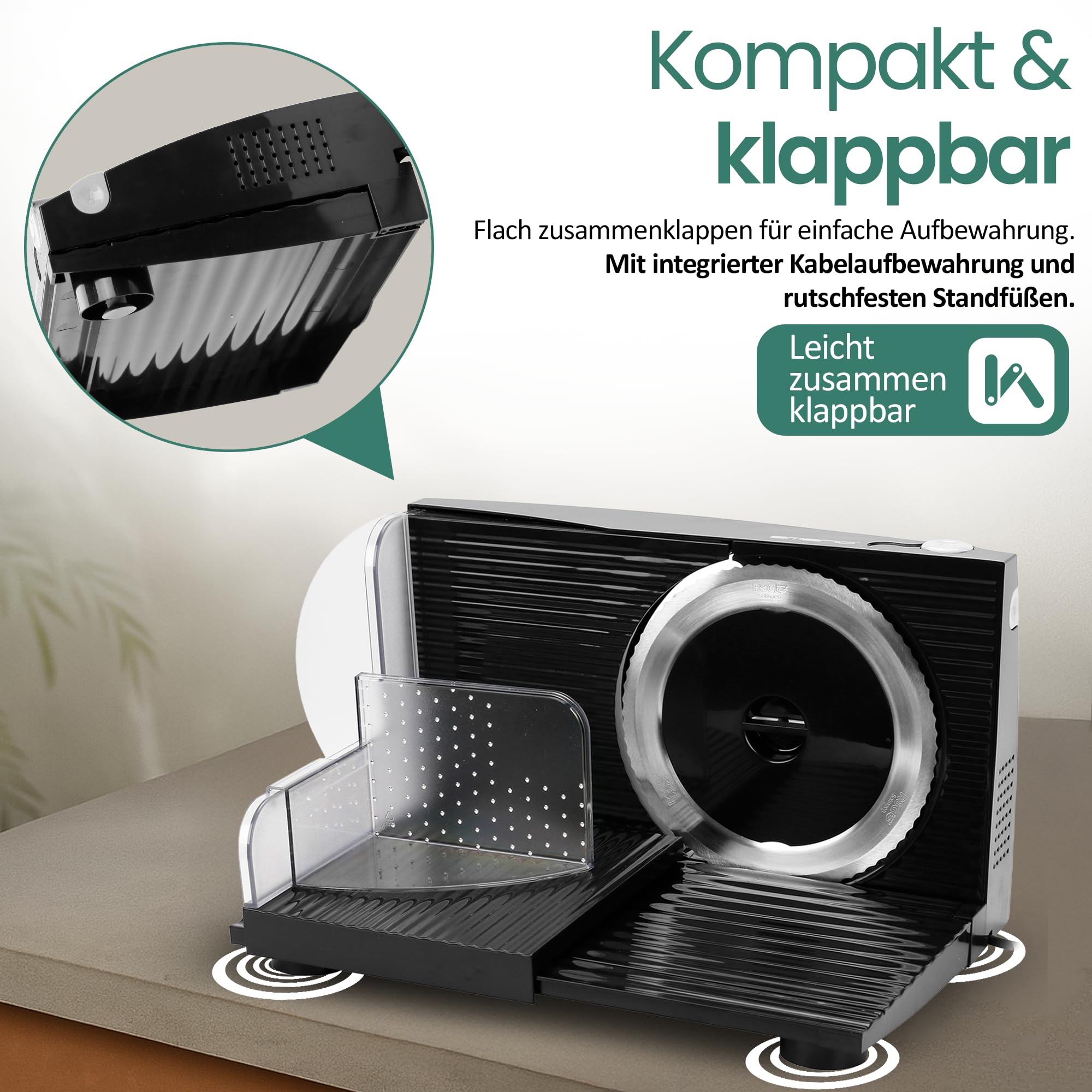 EMERIO Taglierina tutto ''Made in EU'', in acciaio inox prodotto in Germania, regolabile 0-17 mm, senza BPA, pieghevole, con interruttore di sicurezza, Eco 100 Watt, MS-125000.1, nero