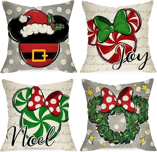 Miniatura 9 de Juego de 4 fundas de almohada decorativas de ratón de Navidad de 16 x 16 pulgadas, decoración de fundas de cojín de lazo rojo y verde, decoración de