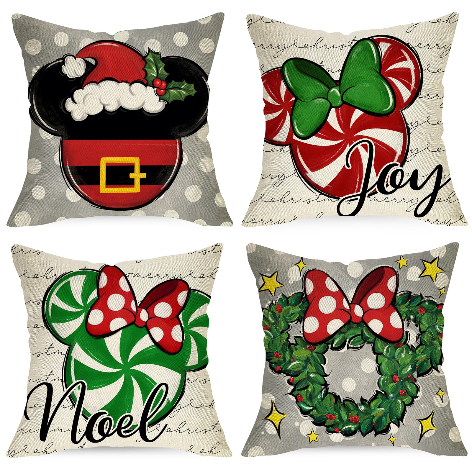 Merry Christmas Gray Decorative Throw Pillow Covers 18x18 Set of 4, Xmas Candy Cane Wreath Polka Dots Bow Cushion Case Decor, Noel Joy Winter Holiday Farmhouse Home Sofa Couch Decoration