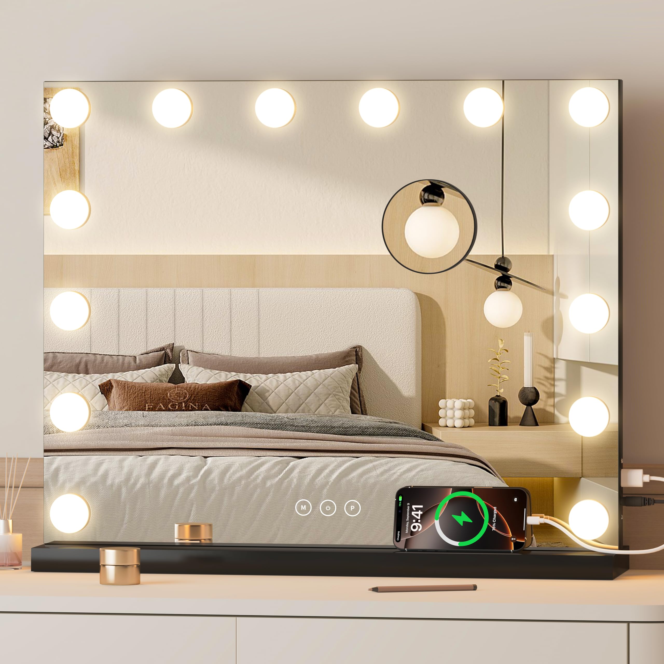 Vanity Mirror with Lights Lighted Makeup Mirror with Dimmable LED Bulbs,3 Color Lighting Modes,USB Charging Port Touch Control,Sturdy Metal Frame Design,Black (50x40cm, 4.70)