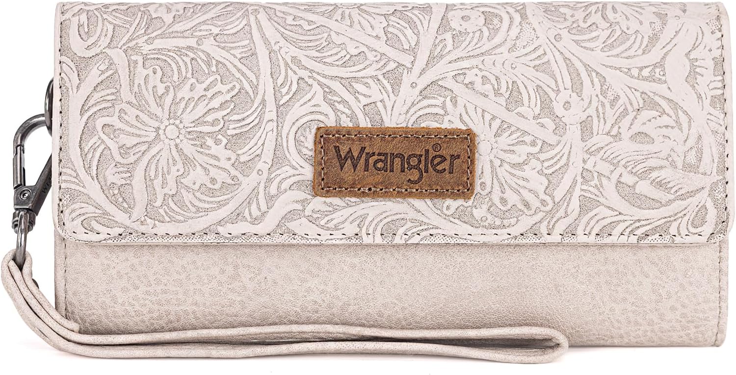 Wrangler Western Wallets for Women Trifold Wristlet Wallets Large Capacity Womens Clutch Wallet with Coin Purse, Beige