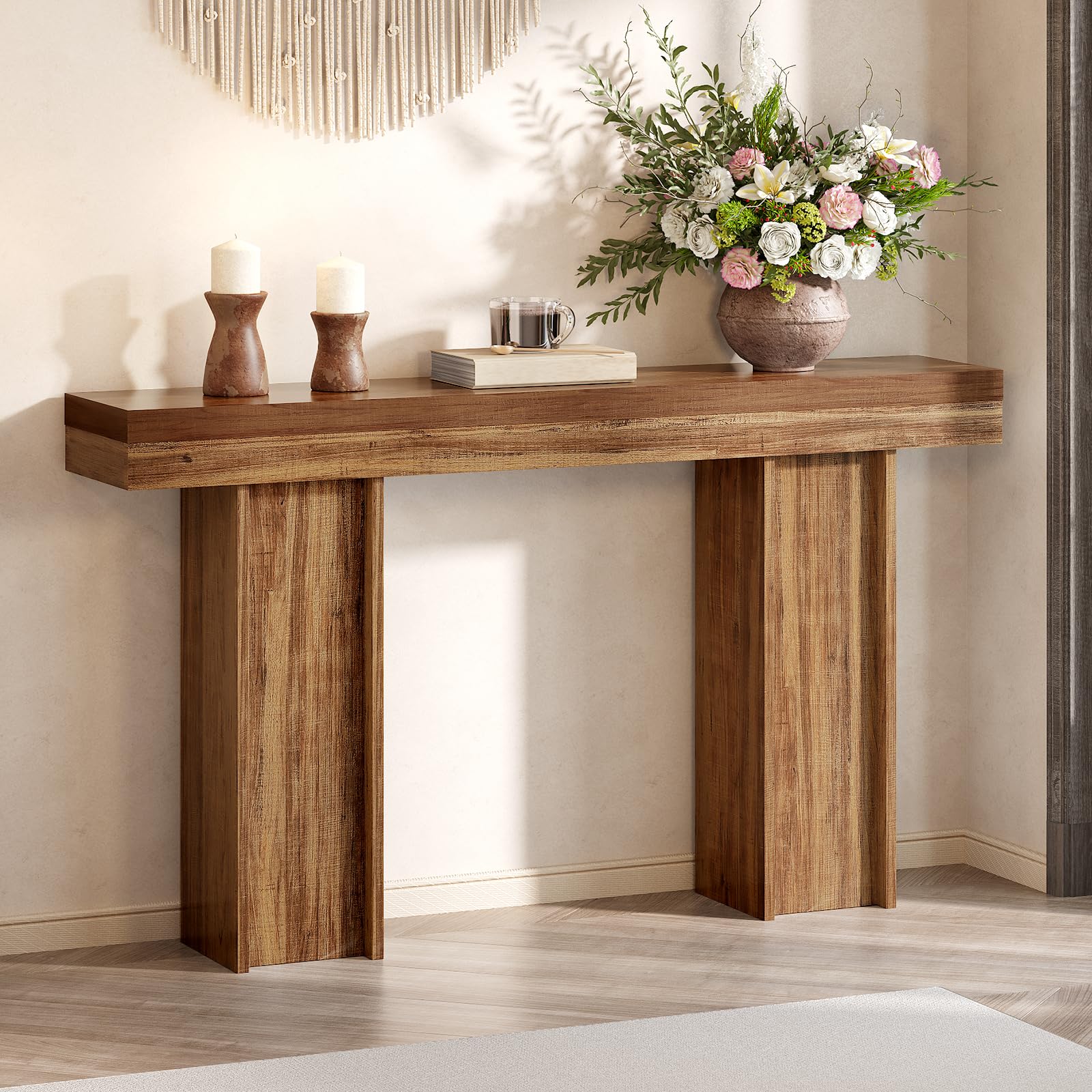 Mesa consola de granja de 55 pulgadas, mesa rectangular de madera para sofá detrás del sofá, mesa consola de entrada con almacenamiento para sala de estar, pasillo, entrada (marrón claro)
