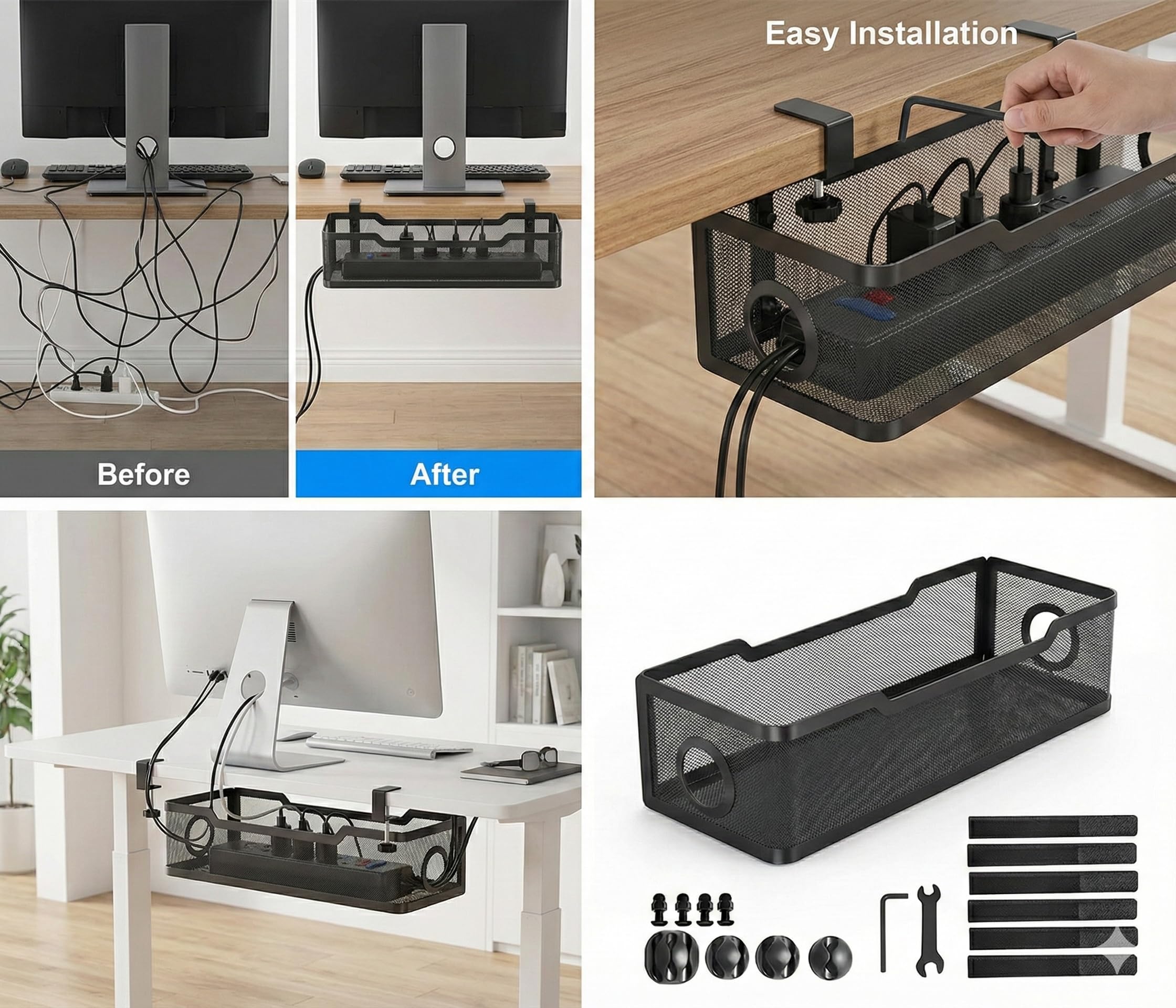 Organizador Cables Escritorio Bajo Mesa – Bandeja Organizadora de Cables Metálica sin Taladro para Regletas y Cargadores – Soporte Cable Management Oficina y Home Office (Negro)