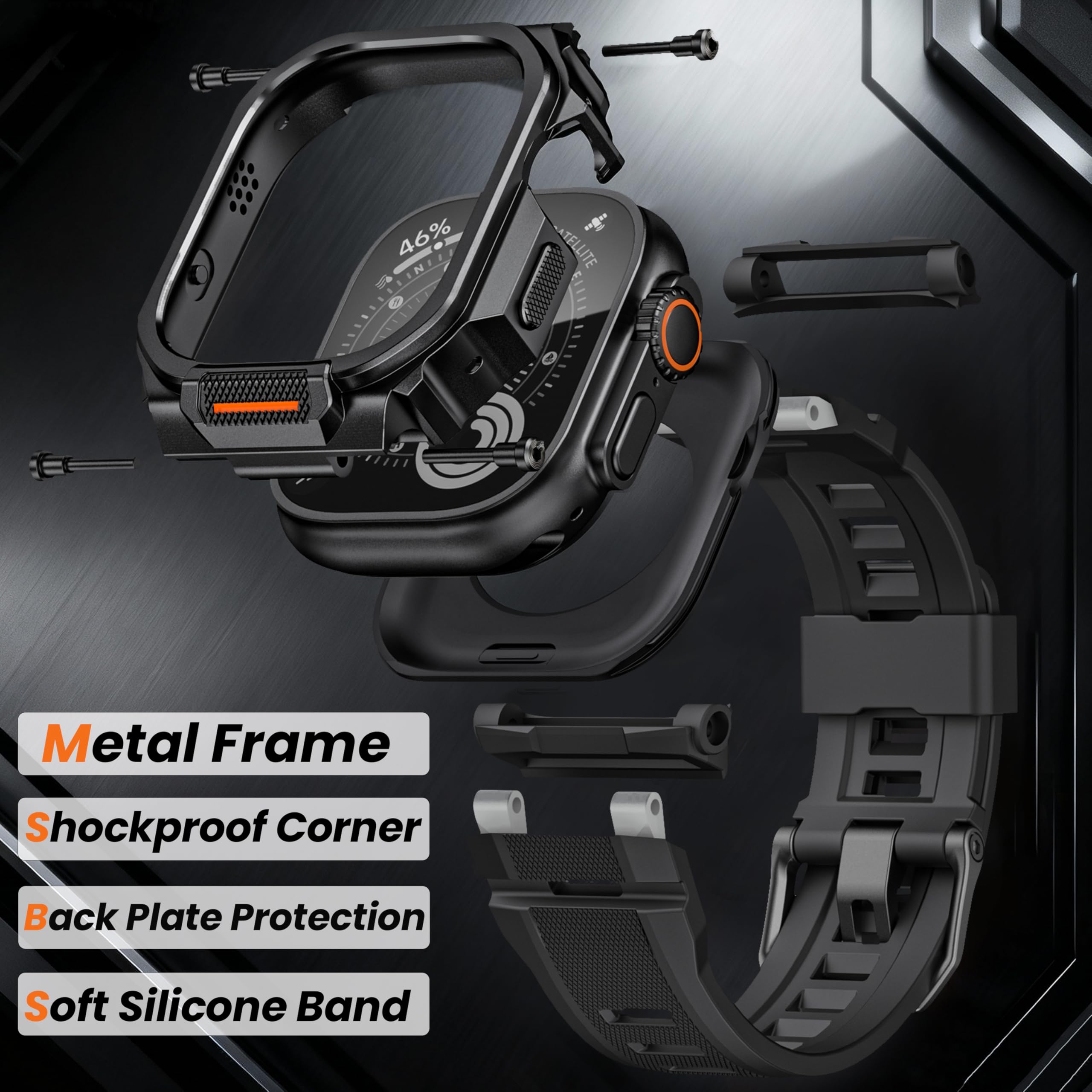 Funda de metal compatible con Apple Watch Ultra 3/2/1 pulsera de 49 mm, diseño integrado con correa deportiva de silicona, carcasa protectora resistente a los golpes para iWatch